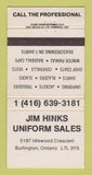 Matchbook Cover - Jim Hinks Uniform Sales Burlington ON 30 Strike