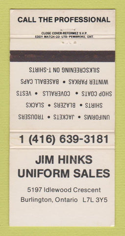 Matchbook Cover - Jim Hinks Uniform Sales Burlington ON 30 Strike