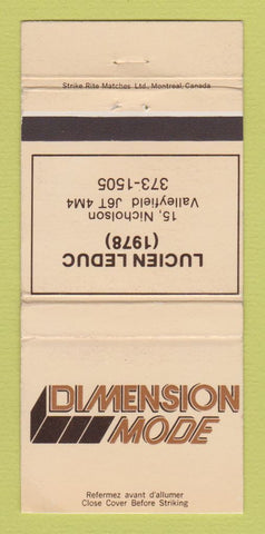Matchbook Cover - Dimension Mode Clothes Leduc Valleyfield QC 30 Strike