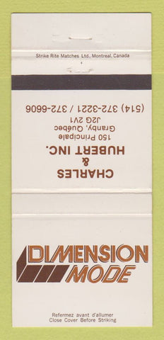Matchbook Cover - Dimension Mode Clothes Charles Hubert Granby QC 30 Strike