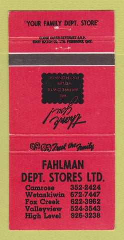 Matchbook Cover - Fahlman Dept Stores Camrose Weaskiwin Fox Creek AB 30 Strike