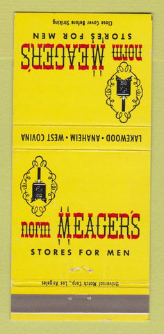 Matchbook Cover - Norm Meager's Men's Clothes Lakewood Anaheim CA 30 Strike