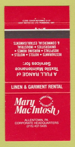 Matchbook Cover - Mary MacIntosh Linen Garment Rental Allentown PA 30 Strike