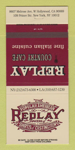 Matchbook Cover - Replay Country Cafe New York City 30 Strike