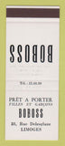 Matchbook Cover - Boboss Limoges France Clothes SAMPLE WEAR
