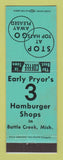 Matchbook Cover - Early Pryor's Hamburger Shops Battle Creek MI