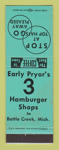 Matchbook Cover - Early Pryor's Hamburger Shops Battle Creek MI