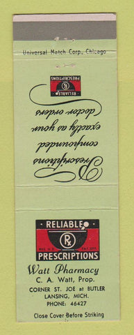 Matchbook Cover - Watt Pharmacy Drug Lansing MI