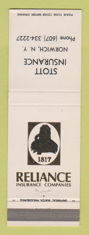 Matchbook Cover - Reliance Insurance Stott Agency Norwich NY