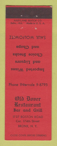Matchbook Cover - Old Dover Restaurant Bar Grill Bronx NY Saul Wolfowitz