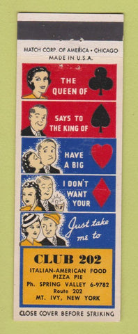 Matchbook Cover - Club 202 Italian Restaurant Pizza Mount Ivy NY