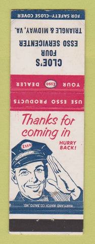 Matchbook Cover - Esso oil gas Cloe's Triangle Midway VA