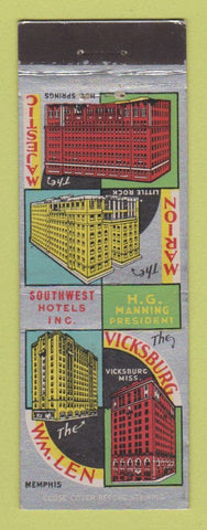 Matchbook Cover - Hotels Hot Springs AR Little Rock Vicksburg MS Memphis TN
