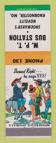 Matchbook Cover - MPT Bus Station Shoemaker's Novelty Knobnoster MO hillbilly