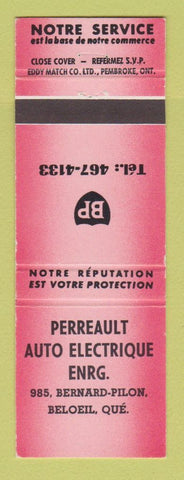 Matchbook Cover - BP oil gas Perreault Auto Electrique Beloeil QC