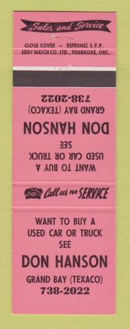 Matchbook Cover - Don Hanson Texaco oil gas Grand Bay NB Used Cars