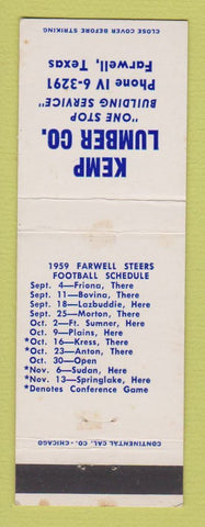Matchbook Cover - Kemp Lumber Farwell TX 1959 HS Football Schedule WEAR