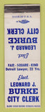 Matchbook Cover - Leonard Burke City Clerk Election Detroit MI WEAR