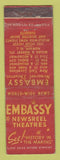 Matchbook Cover - Embassy Newsreel Theatres Movies Newark NJ WORN