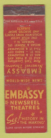 Matchbook Cover - Embassy Newsreel Theatres Movies Newark NJ WORN