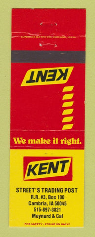 Matchbook Cover - Kent Feeds Street's Trading Post Cambria IA