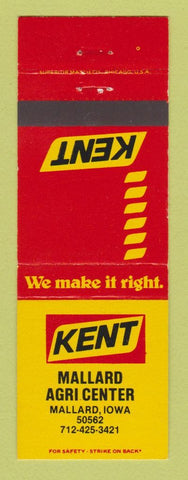 Matchbook Cover - Kent Feeds Mallard IA Agri Center