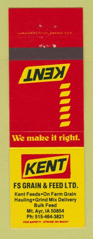 Matchbook Cover - Kent Feeds FS Grain Mount Ayr IA