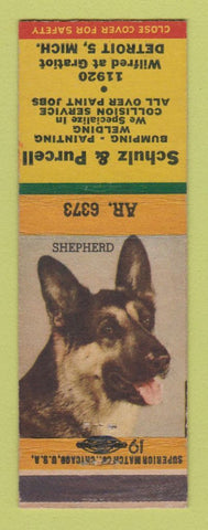 Matchbook Cover - Schulz & Purcell Auto Body Paint Detroit MI German Shepherd