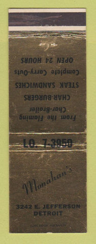 Matchbook Cover - Monahan's Restaurant Detroit MI