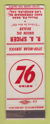 Matchbook Cover - Union 76 oil gas RA Spicer Los Angeles CA WEAR