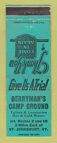 Matchbook Cover - Berryman's Camp Ground St Johnsbury VT WEAR