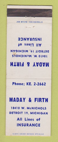 Matchbook Cover - Maday & Firth Insurance Detroit MI WEAR