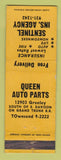 Matchbook Cover - Sentinel Insurance Agency Queen Auto Parts Detroit MI WEAR