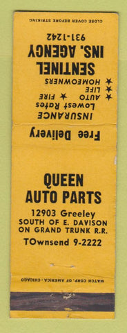 Matchbook Cover - Sentinel Insurance Agency Queen Auto Parts Detroit MI WEAR