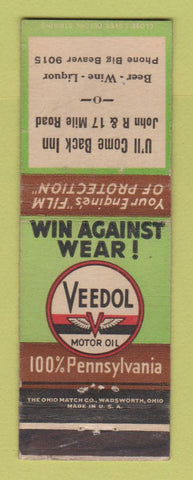 Matchbook Cover - Veedol oil gas U'll Come Back Inn Troy? MI WEAR