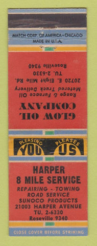 Matchbook Cover - Harper 8 Mile Service oil gas Glow Roseville MI Sunoco