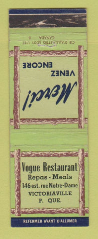 Matchbook Cover - Vogue Restaurant Victoriaville QC WORN BACK GREEN