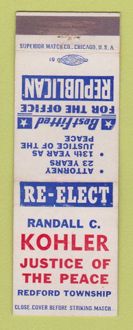 Matchbook Cover Randall Kohler Justice of the Peace Election Redford Township MI