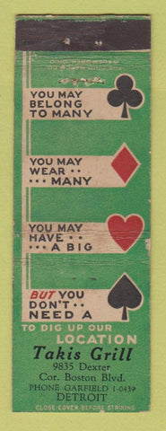 Matchbook Cover - Takis Grill Detroit MI WEAR