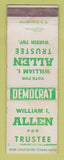 Matchbook Cover - William Allen Trustee Election Warren Township MI WEAR