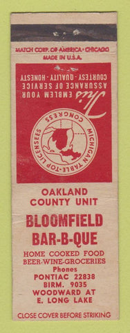 Matchbook Cover - Bloomfield BBQ MI Pontiac Detroit