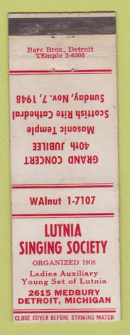 Matchbook Cover - Lutnia Singing Society Detroit MI 1948 WEAR