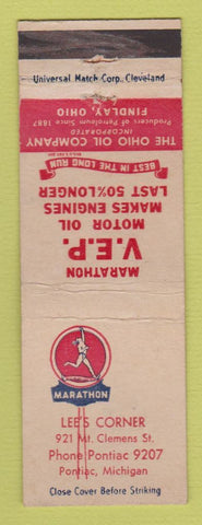Matchbook Cover - Marathon oil gas Lee's Corner Pontiac MI