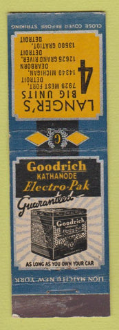 Matchbook Cover - Goodrich Car Battery Langer's Detroit Dearborn MI