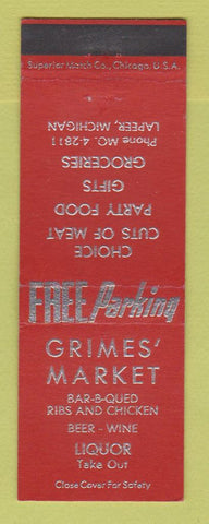 Matchbook Cover - Grimes' Market Lapeer MI grocery
