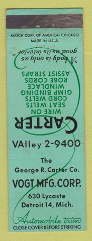 Matchbook Cover - Vogt Manufacturing Wire Seat Welts Detroit MI Auto Trim WEAR