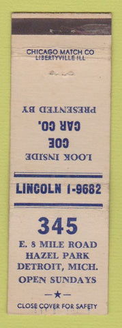 Matchbook Cover - 345 Hazel Park Detroit MI Coe Car Company