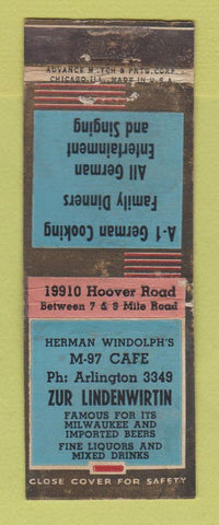Matchbook Cover - Zur Lindenwirtin Detroit MI ADVANCE WEAR