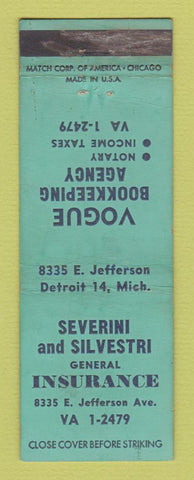 Matchbook Cover - Severini SilvestriI Insurance Detroit MI WEAR