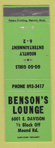 Matchbook Cover - Benson's Lounge Go Go Girls Detroit? MI